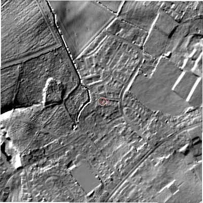 Shaded relief map of the ground around DL166LU, computed from Environment Agency LiDAR. The ground here sits at about 94 m above sea level and falls 19 m across the surrounding 800 m. Surface water reaching this point runs off ground lying to the east-north-east, 2.8 m higher.