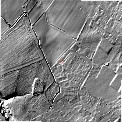 Shaded relief map of the ground around DL166LY, computed from Environment Agency LiDAR. The ground here sits at about 93 m above sea level and falls 21 m across the surrounding 800 m. Surface water reaching this point runs off ground lying to the east-south-east, 12.0 m higher.