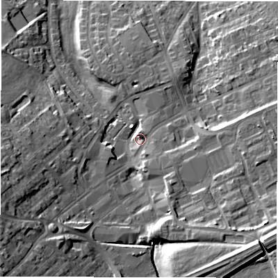 Shaded relief map of the ground around DL166QE, computed from Environment Agency LiDAR. The ground here sits at about 107 m above sea level and falls 25 m across the surrounding 800 m. Surface water reaching this point runs off ground lying to the north, 5.1 m higher.