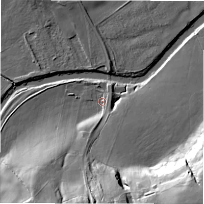 Shaded relief map of the ground around DL167QZ, computed from Environment Agency LiDAR. The ground here sits at about 49 m above sea level and falls 51 m across the surrounding 800 m. Surface water reaching this point runs off ground lying to the south, 34.7 m higher.