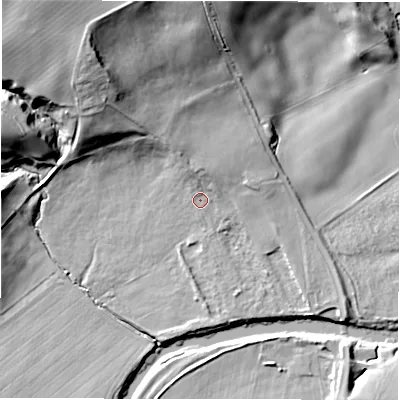 Shaded relief map of the ground around DL167RF, computed from Environment Agency LiDAR. The ground here sits at about 50 m above sea level and falls 30 m across the surrounding 800 m. Surface water reaching this point runs off ground lying to the north-west, 22.1 m higher.