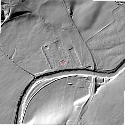 Shaded relief map of the ground around DL167RG, computed from Environment Agency LiDAR. The ground here sits at about 49 m above sea level and falls 21 m across the surrounding 800 m. Surface water reaching this point runs off ground lying to the east, 3.0 m higher.