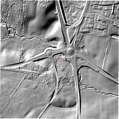 Shaded relief map of the ground around DL170LN, computed from Environment Agency LiDAR. The ground here sits at about 83 m above sea level and falls 25 m across the surrounding 800 m. Surface water reaching this point runs off ground lying to the north, 18.8 m higher.