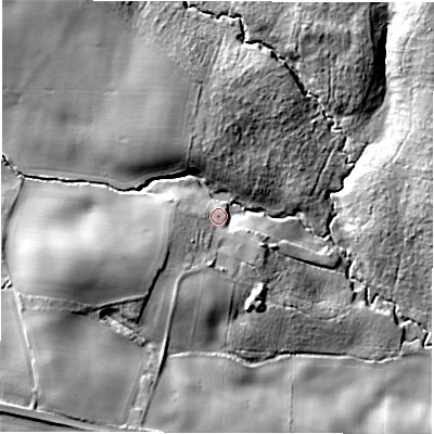 Shaded relief map of the ground around DL170LT, computed from Environment Agency LiDAR. The ground here sits at about 98 m above sea level and falls 25 m across the surrounding 800 m. Surface water reaching this point runs off ground lying to the west-south-west, 12.9 m higher.