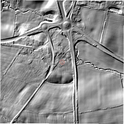 Shaded relief map of the ground around DL170NH, computed from Environment Agency LiDAR. The ground here sits at about 85 m above sea level and falls 17 m across the surrounding 800 m. Surface water reaching this point runs off ground lying to the west, 3.4 m higher.
