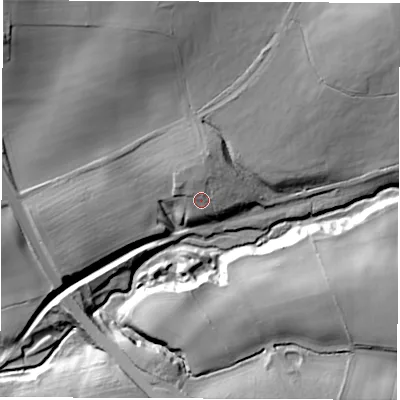 Shaded relief map of the ground around DL179DZ, computed from Environment Agency LiDAR. The ground here sits at about 90 m above sea level and falls 28 m across the surrounding 800 m. Surface water reaching this point runs off ground lying to the north, 4.0 m higher.