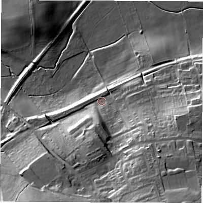 Shaded relief map of the ground around DL179NA, computed from Environment Agency LiDAR. The ground here sits at about 92 m above sea level and falls 42 m across the surrounding 800 m. Surface water reaching this point runs off ground lying to the south, 15.3 m higher.