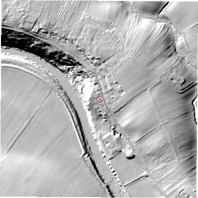 Shaded relief map of the ground around DL21AU, computed from Environment Agency LiDAR. The ground here sits at about 25 m above sea level and falls 32 m across the surrounding 800 m. Surface water reaching this point runs off ground lying to the north-east, 15.4 m higher.