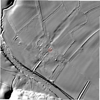 Shaded relief map of the ground around DL21AX, computed from Environment Agency LiDAR. The ground here sits at about 12 m above sea level and falls 29 m across the surrounding 800 m. Surface water reaching this point runs off ground lying to the west, 0.9 m higher.