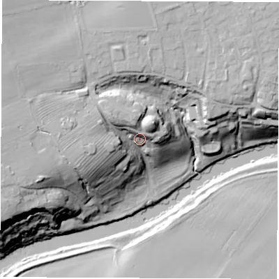 Shaded relief map of the ground around DL21DH, computed from Environment Agency LiDAR. The ground here sits at about 28 m above sea level and falls 40 m across the surrounding 800 m. Surface water reaching this point runs off ground lying to the west, 16.7 m higher.