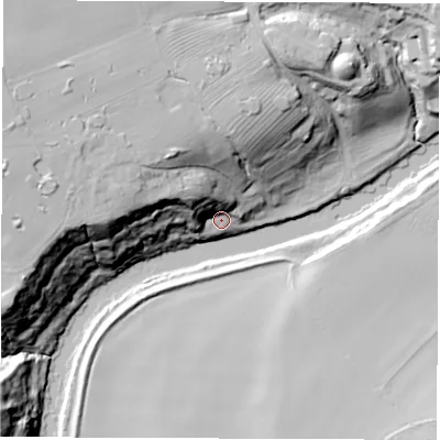 Shaded relief map of the ground around DL21DJ, computed from Environment Agency LiDAR. The ground here sits at about 14 m above sea level and falls 44 m across the surrounding 800 m. Surface water reaching this point runs off ground lying to the west-north-west, 25.5 m higher.