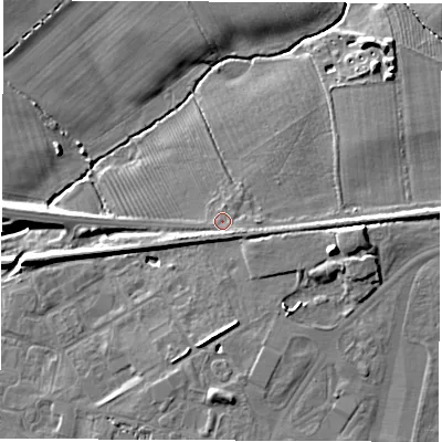 Shaded relief map of the ground around DL21HW, computed from Environment Agency LiDAR. The ground here sits at about 34 m above sea level and falls 9 m across the surrounding 800 m. Surface water reaching this point runs off ground lying to the south-east, 1.7 m higher.