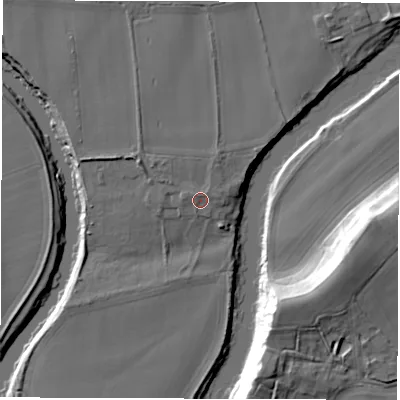 Shaded relief map of the ground around DL21PE, computed from Environment Agency LiDAR. The ground here sits at about 25 m above sea level and falls 19 m across the surrounding 800 m. Surface water reaching this point runs off ground lying to the north-west, 1.0 m higher.