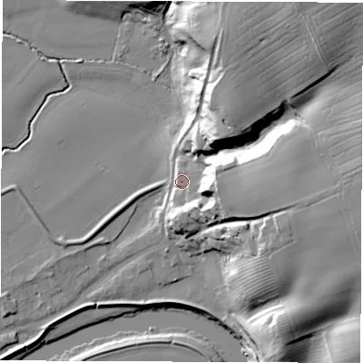 Shaded relief map of the ground around DL21PF, computed from Environment Agency LiDAR. The ground here sits at about 28 m above sea level and falls 36 m across the surrounding 800 m. Surface water reaching this point runs off ground lying to the east, 23.0 m higher.