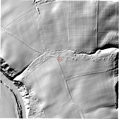 Shaded relief map of the ground around DL21PH, computed from Environment Agency LiDAR. The ground here sits at about 43 m above sea level and falls 34 m across the surrounding 800 m. Surface water reaching this point runs off ground lying to the south, 1.9 m higher.