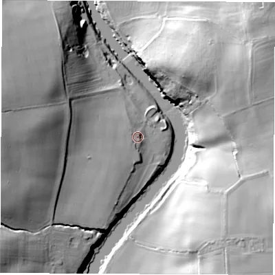 Shaded relief map of the ground around DL21PL, computed from Environment Agency LiDAR. The ground here sits at about 17 m above sea level and falls 35 m across the surrounding 800 m. Surface water reaching this point runs off ground lying to the west, 22.6 m higher.
