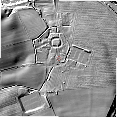 Shaded relief map of the ground around DL21PN, computed from Environment Agency LiDAR. The ground here sits at about 19 m above sea level and falls 31 m across the surrounding 800 m. Surface water reaching this point runs off ground lying to the south-west, 20.5 m higher.