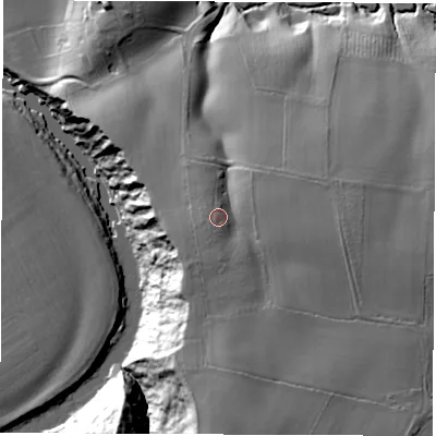 Shaded relief map of the ground around DL21PR, computed from Environment Agency LiDAR. The ground here sits at about 41 m above sea level and falls 36 m across the surrounding 800 m. Surface water reaching this point runs off ground lying to the south-south-west, 3.9 m higher.