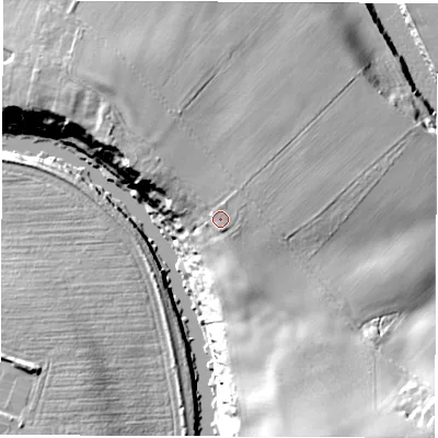 Shaded relief map of the ground around DL21PW, computed from Environment Agency LiDAR. The ground here sits at about 27 m above sea level and falls 33 m across the surrounding 800 m. The ground contributing surface water to this point lies to the south-east.