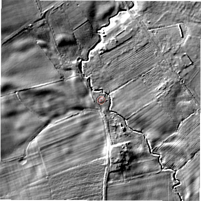 Shaded relief map of the ground around DL21QD, computed from Environment Agency LiDAR. The ground here sits at about 35 m above sea level and falls 9 m across the surrounding 800 m. Surface water reaching this point runs off ground lying to the west-south-west, 4.9 m higher.