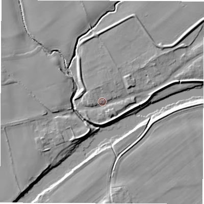 Shaded relief map of the ground around DL21QP, computed from Environment Agency LiDAR. The ground here sits at about 23 m above sea level and falls 7 m across the surrounding 800 m. Surface water reaching this point runs off ground lying to the east-north-east, 4.0 m higher.