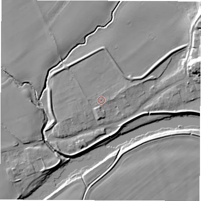 Shaded relief map of the ground around DL21QR, computed from Environment Agency LiDAR. The ground here sits at about 23 m above sea level and falls 16 m across the surrounding 800 m. The ground contributing surface water to this point lies to the south-south-east.