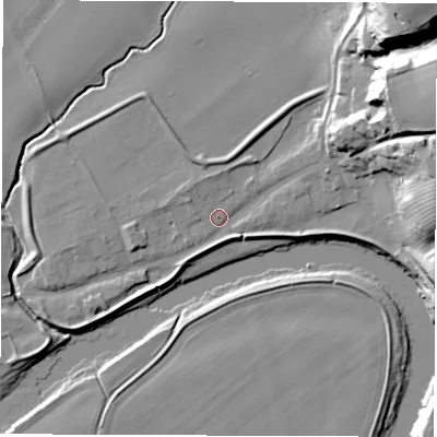 Shaded relief map of the ground around DL21QT, computed from Environment Agency LiDAR. The ground here sits at about 22 m above sea level and falls 32 m across the surrounding 800 m. Surface water reaching this point runs off ground lying to the north-west, 2.7 m higher.