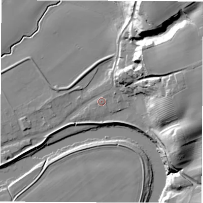 Shaded relief map of the ground around DL21QU, computed from Environment Agency LiDAR. The ground here sits at about 23 m above sea level and falls 33 m across the surrounding 800 m. Surface water reaching this point runs off ground lying to the east-north-east, 2.0 m higher.
