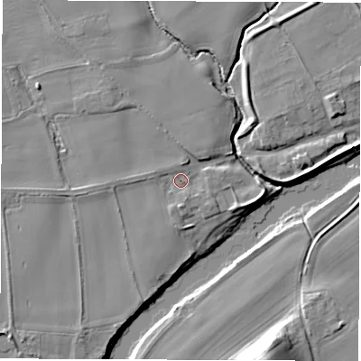 Shaded relief map of the ground around DL21QW, computed from Environment Agency LiDAR. The ground here sits at about 23 m above sea level and falls 16 m across the surrounding 800 m. Surface water reaching this point runs off ground lying to the south-west, 3.0 m higher.