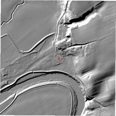 Shaded relief map of the ground around DL21QX, computed from Environment Agency LiDAR. The ground here sits at about 23 m above sea level and falls 34 m across the surrounding 800 m. Surface water reaching this point runs off ground lying to the east-north-east, 28.4 m higher.