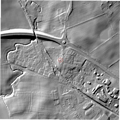 Shaded relief map of the ground around DL21RJ, computed from Environment Agency LiDAR. The ground here sits at about 49 m above sea level and falls 13 m across the surrounding 800 m. Surface water reaching this point runs off ground lying to the north-east, 2.0 m higher.