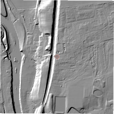 Shaded relief map of the ground around DL22DA, computed from Environment Agency LiDAR. The ground here sits at about 45 m above sea level and falls 25 m across the surrounding 800 m. Surface water reaching this point runs off ground lying to the north-east, 2.7 m higher.
