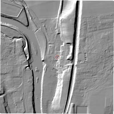 Shaded relief map of the ground around DL22DN, computed from Environment Agency LiDAR. The ground here sits at about 32 m above sea level and falls 24 m across the surrounding 800 m. Surface water reaching this point runs off ground lying to the east, 11.7 m higher.
