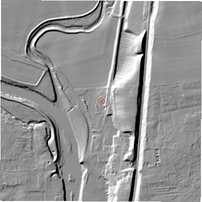 Shaded relief map of the ground around DL22HZ, computed from Environment Agency LiDAR. The ground here sits at about 32 m above sea level and falls 23 m across the surrounding 800 m. Surface water reaching this point runs off ground lying to the east, 14.5 m higher.
