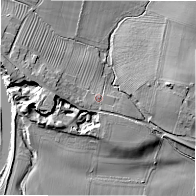 Shaded relief map of the ground around DL22LH, computed from Environment Agency LiDAR. The ground here sits at about 59 m above sea level and falls 20 m across the surrounding 800 m. Surface water reaching this point runs off ground lying to the west-south-west, 1.0 m higher.