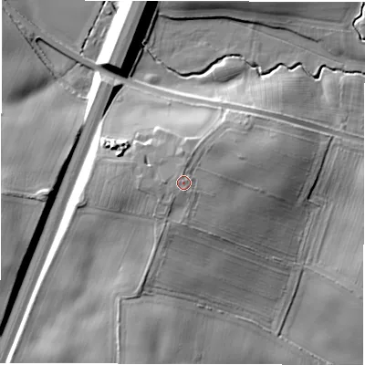 Shaded relief map of the ground around DL22NF, computed from Environment Agency LiDAR. The ground here sits at about 64 m above sea level and falls 16 m across the surrounding 800 m. Surface water reaching this point runs off ground lying to the west, 0.6 m higher.