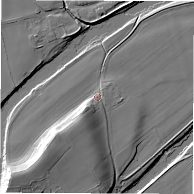 Shaded relief map of the ground around DL22PG, computed from Environment Agency LiDAR. The ground here sits at about 25 m above sea level and falls 22 m across the surrounding 800 m. Surface water reaching this point runs off ground lying to the south-west, 9.7 m higher.