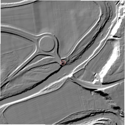 Shaded relief map of the ground around DL22QA, computed from Environment Agency LiDAR. The ground here sits at about 38 m above sea level and falls 25 m across the surrounding 800 m. Surface water reaching this point runs off ground lying to the south-west, 5.3 m higher.