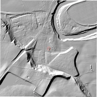 Shaded relief map of the ground around DL22QL, computed from Environment Agency LiDAR. The ground here sits at about 38 m above sea level and falls 35 m across the surrounding 800 m. Surface water reaching this point runs off ground lying to the west-south-west, 27.8 m higher.