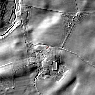 Shaded relief map of the ground around DL22QS, computed from Environment Agency LiDAR. The ground here sits at about 54 m above sea level and falls 13 m across the surrounding 800 m. Surface water reaching this point runs off ground lying to the south-south-east, 2.5 m higher.