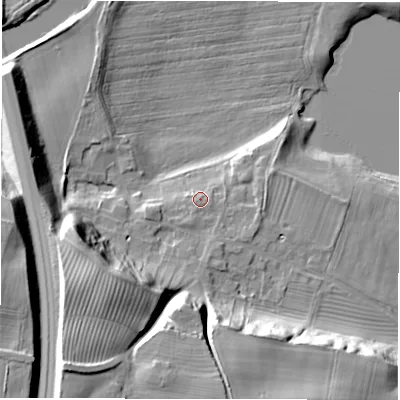 Shaded relief map of the ground around DL22QZ, computed from Environment Agency LiDAR. The ground here sits at about 43 m above sea level and falls 32 m across the surrounding 800 m. Surface water reaching this point runs off ground lying to the south-south-west, 0.9 m higher.