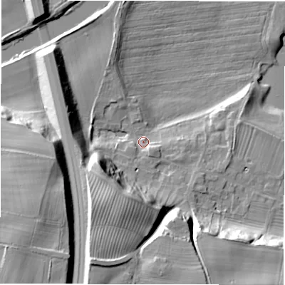 Shaded relief map of the ground around DL22RA, computed from Environment Agency LiDAR. The ground here sits at about 41 m above sea level and falls 35 m across the surrounding 800 m. Surface water reaching this point runs off ground lying to the south-south-west, 25.5 m higher.