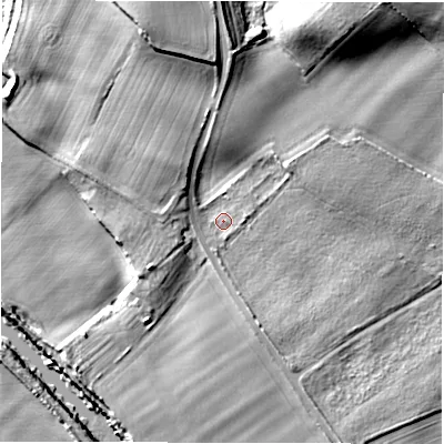 Shaded relief map of the ground around DL22SD, computed from Environment Agency LiDAR. The ground here sits at about 33 m above sea level and falls 15 m across the surrounding 800 m. Surface water reaching this point runs off ground lying to the west-south-west, 3.6 m higher.
