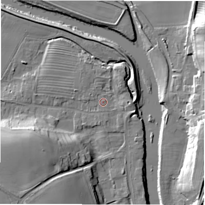 Shaded relief map of the ground around DL22SF, computed from Environment Agency LiDAR. The ground here sits at about 32 m above sea level and falls 22 m across the surrounding 800 m. Surface water reaching this point runs off ground lying to the north-west, 0.8 m higher.