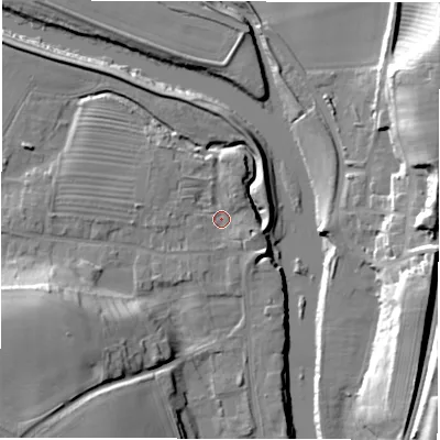 Shaded relief map of the ground around DL22SG, computed from Environment Agency LiDAR. The ground here sits at about 31 m above sea level and falls 21 m across the surrounding 800 m. Surface water reaching this point runs off ground lying to the south-east, 2.2 m higher.