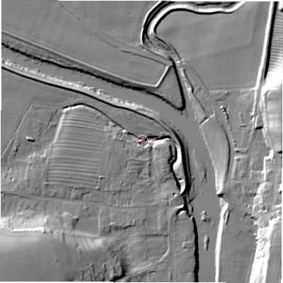 Shaded relief map of the ground around DL22SH, computed from Environment Agency LiDAR. The ground here sits at about 30 m above sea level and falls 21 m across the surrounding 800 m. Surface water reaching this point runs off ground lying to the south-south-east, 6.0 m higher.