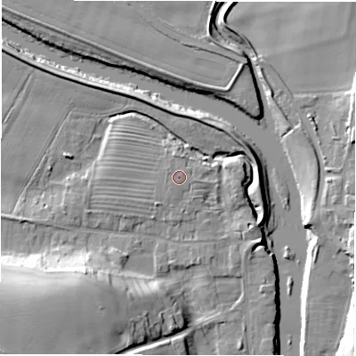 Shaded relief map of the ground around DL22SJ, computed from Environment Agency LiDAR. The ground here sits at about 32 m above sea level and falls 22 m across the surrounding 800 m. The ground contributing surface water to this point lies to the south.