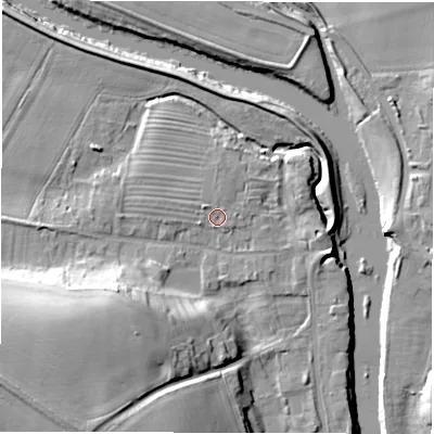Shaded relief map of the ground around DL22SL, computed from Environment Agency LiDAR. The ground here sits at about 32 m above sea level and falls 22 m across the surrounding 800 m. Surface water reaching this point runs off ground lying to the north, 1.2 m higher.