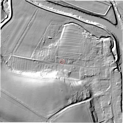 Shaded relief map of the ground around DL22SN, computed from Environment Agency LiDAR. The ground here sits at about 31 m above sea level and falls 22 m across the surrounding 800 m. Surface water reaching this point runs off ground lying to the south-west, 17.4 m higher.
