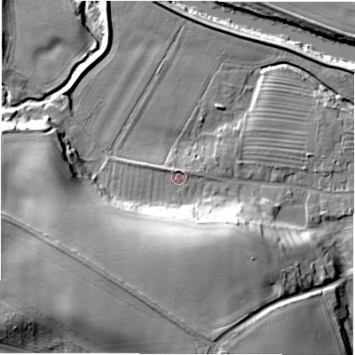Shaded relief map of the ground around DL22SP, computed from Environment Agency LiDAR. The ground here sits at about 32 m above sea level and falls 21 m across the surrounding 800 m. Surface water reaching this point runs off ground lying to the south-south-west, 16.0 m higher.